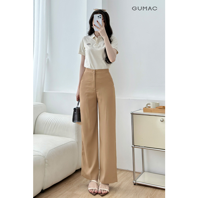 Quần Tây Nữ Ống Suông GUMAC Cơ Bản Túi Xéo Lưng Con Đĩa Cách Điệu Chất Cotton Silk Đứng Form Công Sở LQF0919