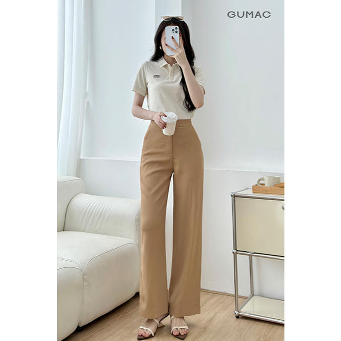 Quần Tây Nữ Ống Suông GUMAC Cơ Bản Túi Xéo Lưng Con Đĩa Cách Điệu Chất Cotton Silk Đứng Form Công Sở LQF0919