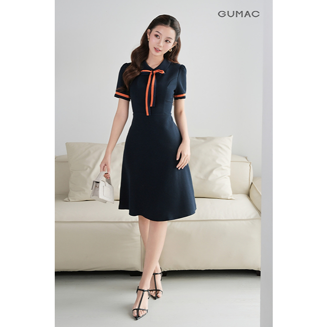 Đầm Nữ Dáng A Xòe GUMAC Nẹp Tay Phối Nơ Cổ Thanh Lịch Thiết Kế Công Sở Đi Chơi Dạo Phố LDE0614