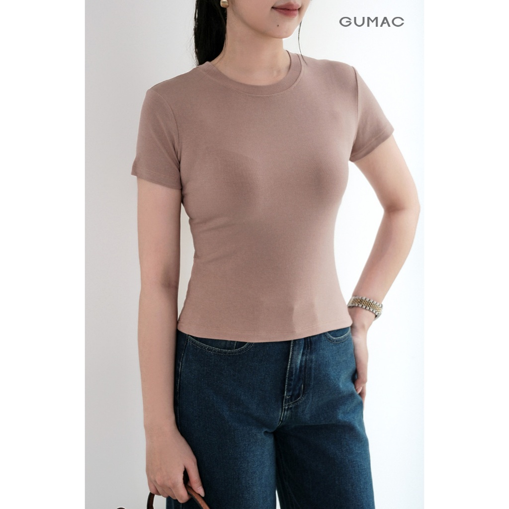 Áo Thun Nữ Trơn Cổ Tròn GUMAC Form Ôm Slim Chất Cotton Mịn Co Giãn Thoáng Mát LATF0912
