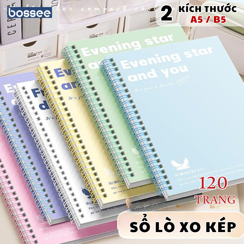 Sổ Lò Xo A5/B5 Pastel 120 Trang Vở Kẻ Ngang Học Sinh Giấy Chống Lóa Dày Dặn Không Thấm Mực _ Bossee