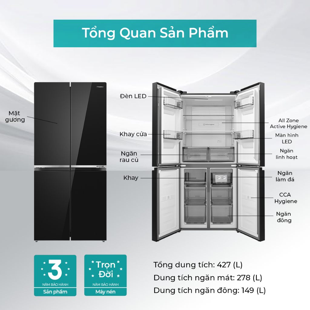 Tủ lạnh Hisense Inverter 427L RQ559N4EBU - Tiết kiệm | Điều khiển LED | Khử khuẩn  - Bảo Hành 3 Năm - Miễn Phí Giao Hàng