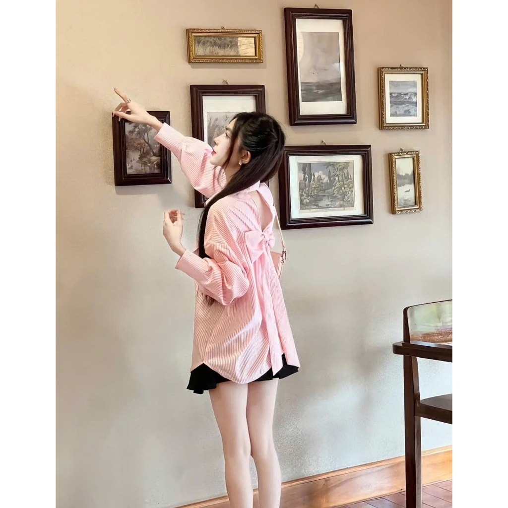 ÁO SƠ MI NỮ DÀI TAY  KẺ SỌC HOT HIT CÓ ĐÍNH NƠ PHÍA SAU   PHOM THỤNG FREESIZE  TỪ 40-65 KG  PHONG CÁCH TIỂU THƯ