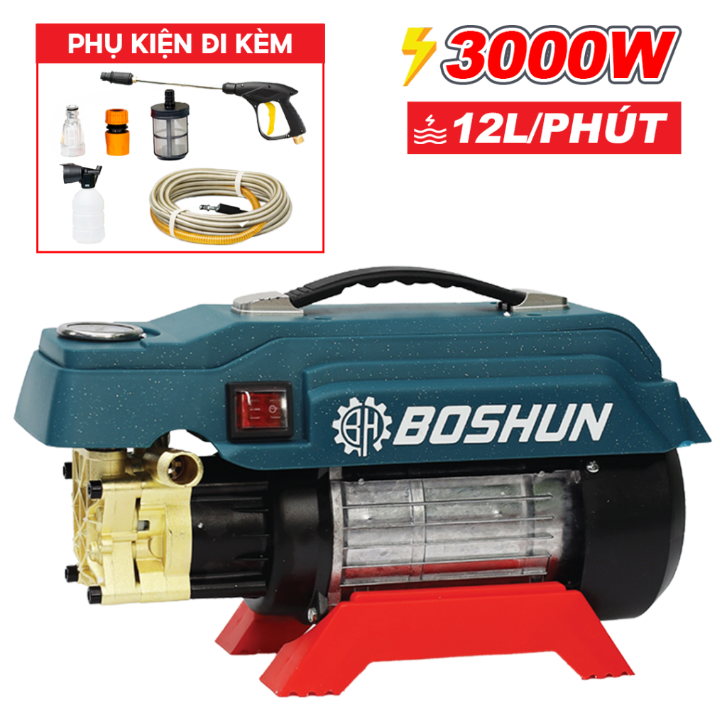 Máy Rửa Xe Cao Áp BOSHUN BS-CRW3000W – Công Suất 3000W – Áp Lực 160Bar – Dây 12m – Dòng Công Nghiệp 100% Lõi Đồng