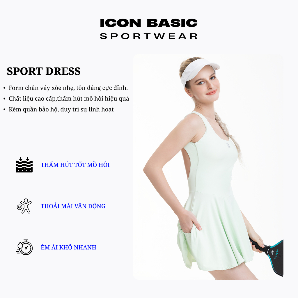 SPORT DRESS - Váy thể thao khoét lưng, nút gài, kèm quần bảo hộ - ICON BASIC Sportwear