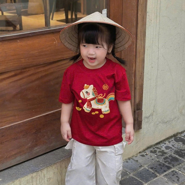 AÓ IN NGỰA MAY MẮN CHO CẢ GIA ĐÌNH TẾT BÍNH NGỌ 2026, Chất Cotton Mềm Mịn, Thấm hút tốt, size từ 8-80kg