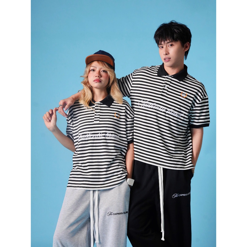 Áo thun Polo nam nữ sọc ngang STRY phom Boxy CAPMAN CLUB, áo polo unisex phom rộng trẻ trung thoải mái | BigBuy360 - bigbuy360.vn