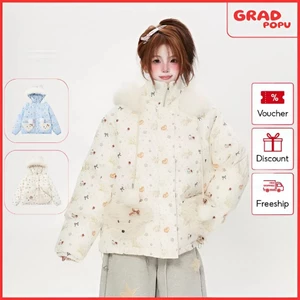 Áo khoác phao GRADPOPU có mũ trùm đầu mềm mại và dễ thương với họa tiết tai cún con chấm bi PAP199