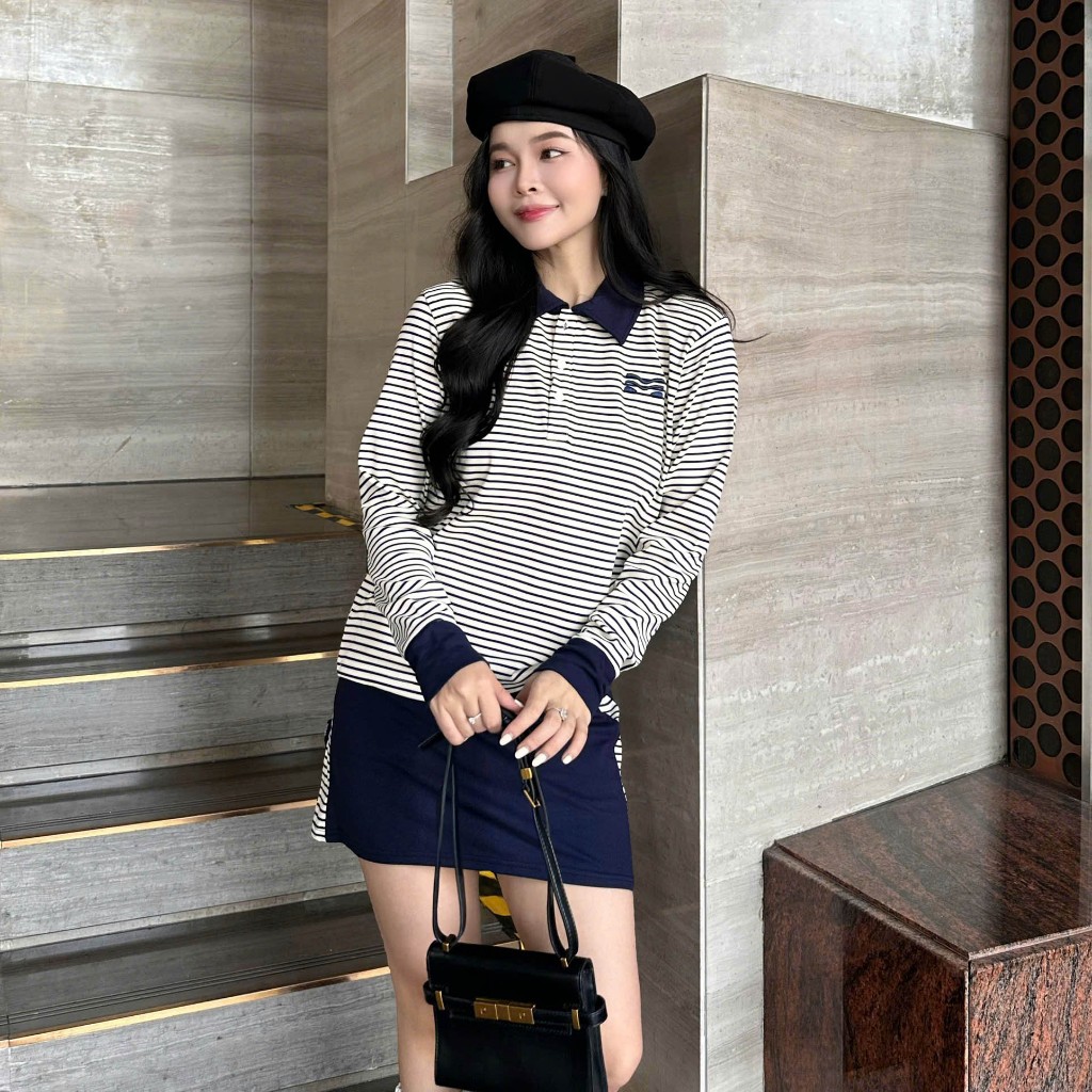 Set Chân Váy Sọc Ngang Xanh Hot Trend Chất 100% Cotton Mềm Mịn Thoáng Mát.