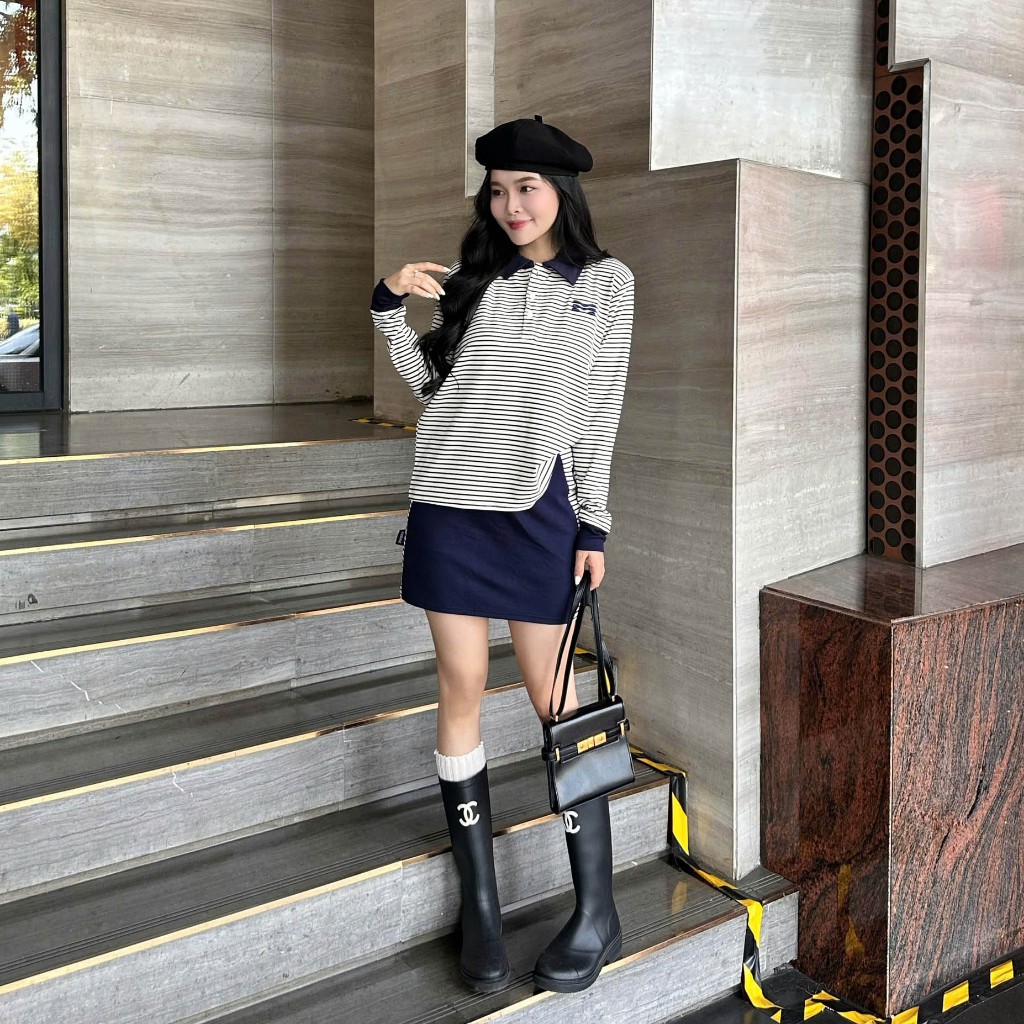 Set Chân Váy Sọc Ngang Xanh Hot Trend Chất 100% Cotton Mềm Mịn Thoáng Mát.