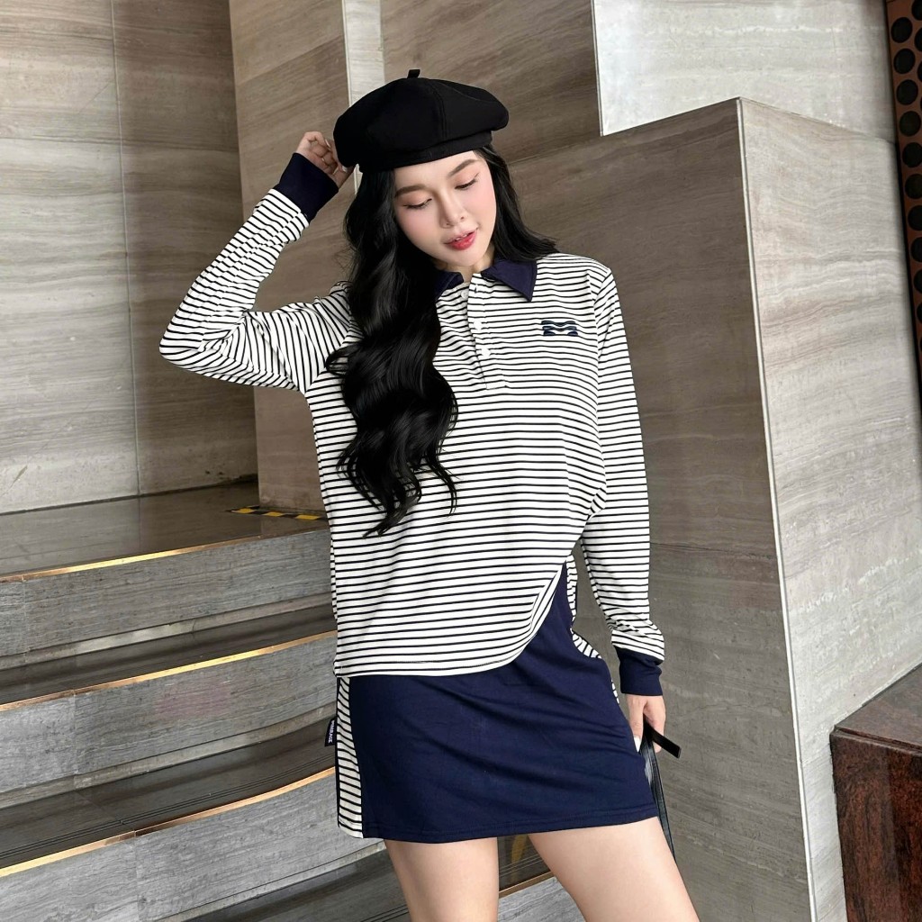 Set Chân Váy Sọc Ngang Xanh Hot Trend Chất 100% Cotton Mềm Mịn Thoáng Mát.