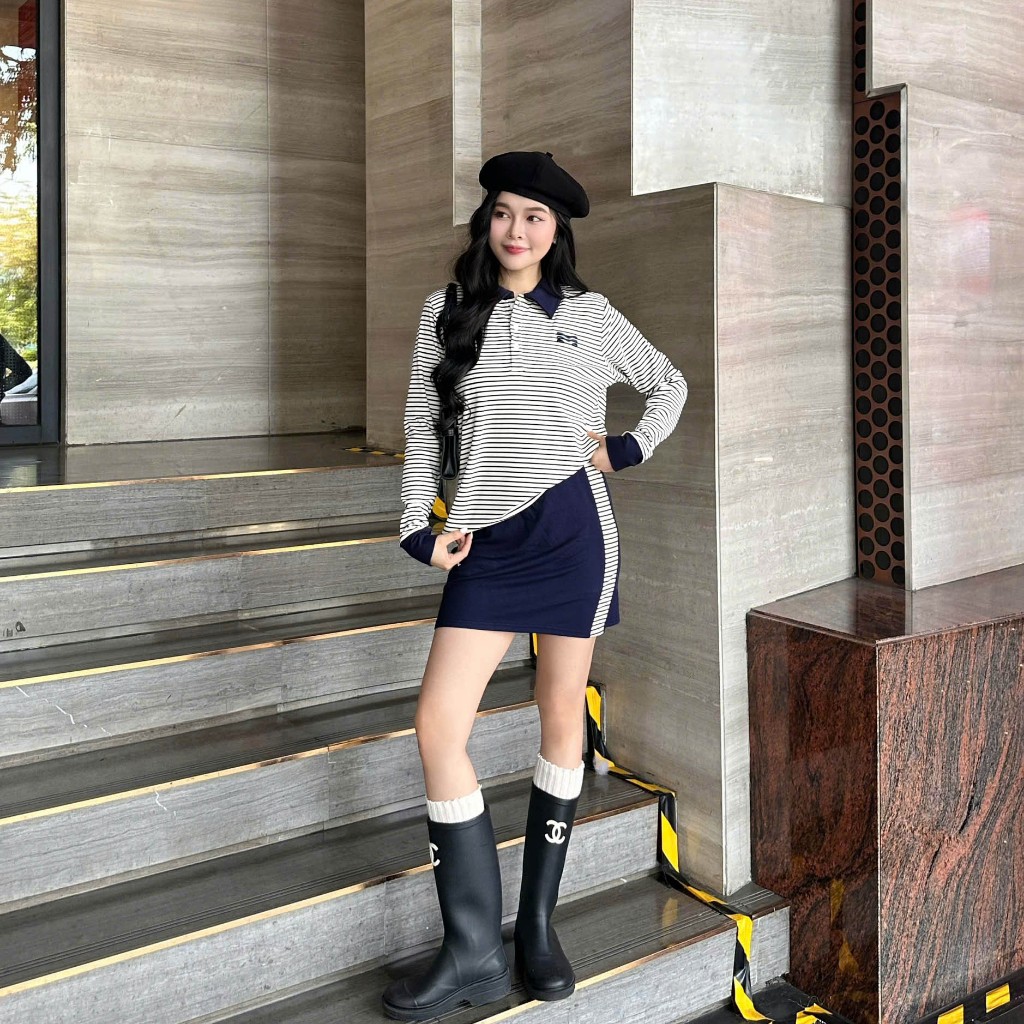 Set Chân Váy Sọc Ngang Xanh Hot Trend Chất 100% Cotton Mềm Mịn Thoáng Mát.