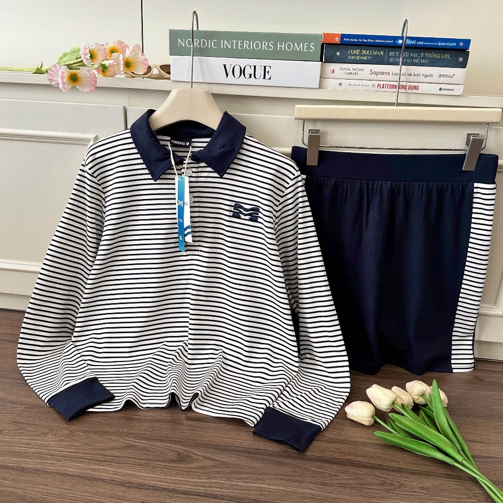 Set Chân Váy Sọc Ngang Xanh Hot Trend Chất 100% Cotton Mềm Mịn Thoáng Mát.