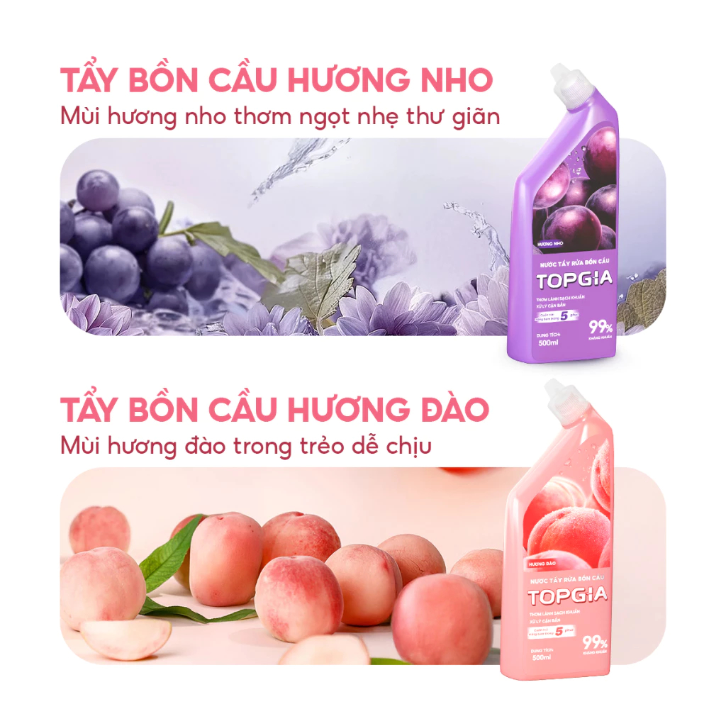 Nước Tẩy Bồn Cầu TOPGIA Hương Nho & Đào – Làm Sạch Nhanh, Khử Mùi Hiệu Quả (Chai 500ml)