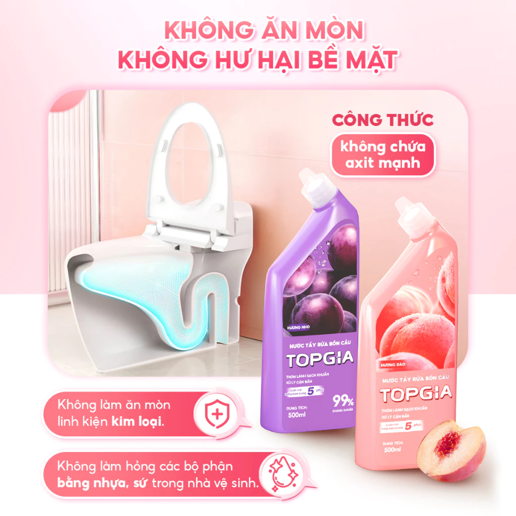 Nước Tẩy Bồn Cầu TOPGIA Hương Nho & Đào – Làm Sạch Nhanh, Khử Mùi Hiệu Quả (Chai 500ml)