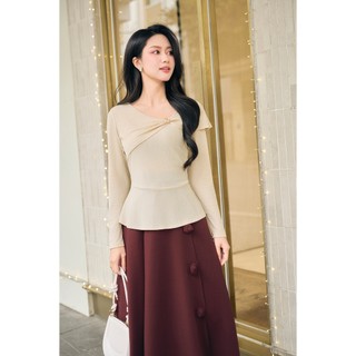 Áo Len Thun Peplum Dài Tay Cổ Tim Áo Kiểu Công Sở Nữ Dáng Ôm Thu Đông LAMER L61B25T016