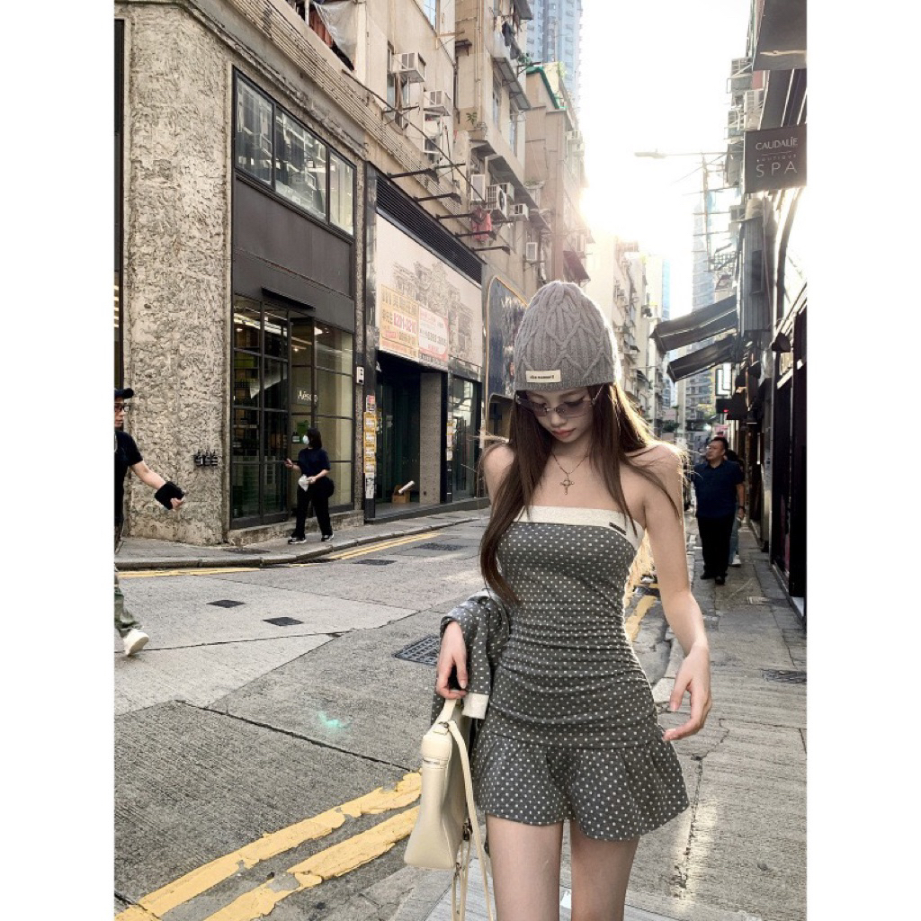 Set nữ 2 món, váy liền thân chấm bi dáng cúp ngực + áo cardigan cổ bẻ gân, trang phục thu mới có sẵn
