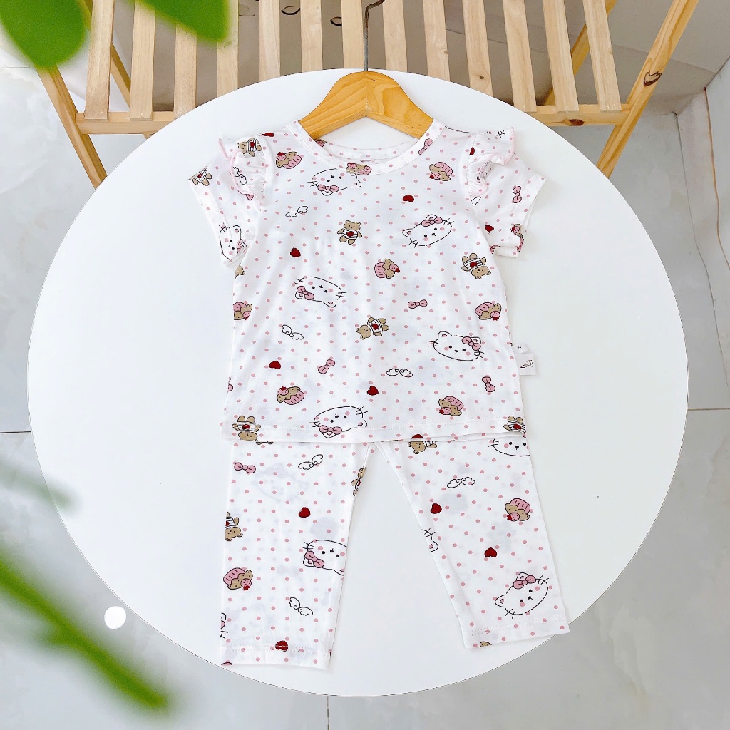 Bộ tay ngắn quần dài bé gái sợi sồi Modal Ice Cool Lá Homewear A372, đồ ngủ côc tay bé gái mát mềm