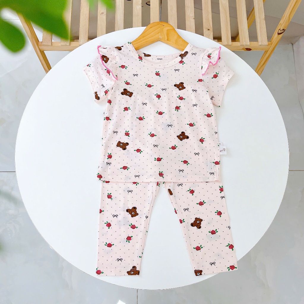 Bộ tay ngắn quần dài bé gái sợi sồi Modal Ice Cool Lá Homewear A372, đồ ngủ côc tay bé gái mát mềm