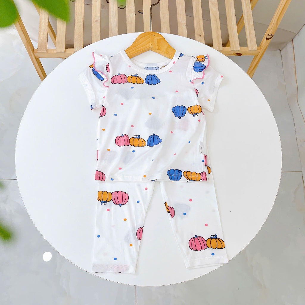 Bộ tay ngắn quần dài bé gái sợi sồi Modal Ice Cool Lá Homewear A372, đồ ngủ côc tay bé gái mát mềm