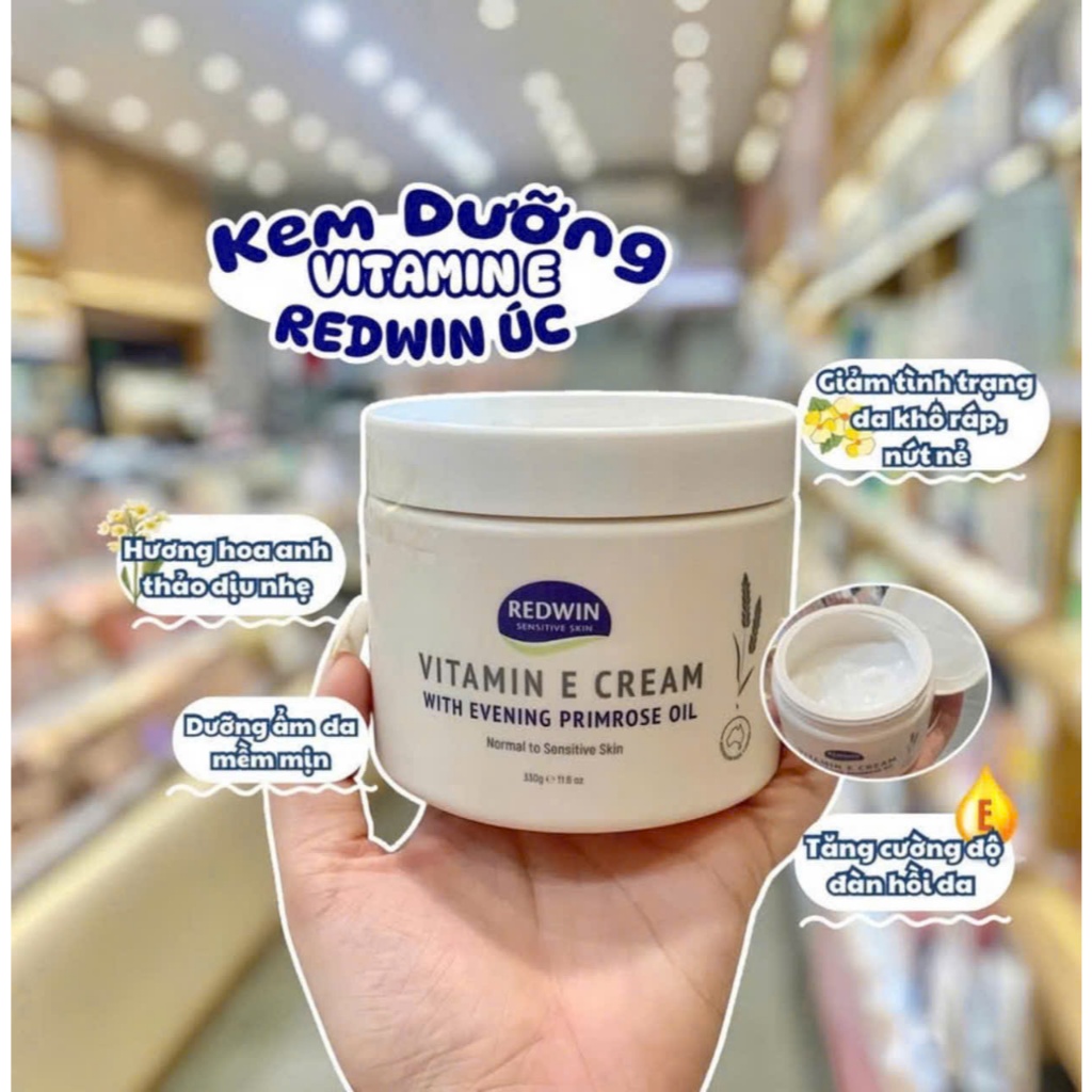 Kem dưỡng ẩm Redwin Vitamin E và hoa anh thảo, Úc (300g) giúp da mềm mịn, sáng bóng, căng mịn cho mọi lứa tuổi