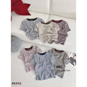 Áo phông kẻ nhí thêu ngựa cổ viền cộc tay co giãn