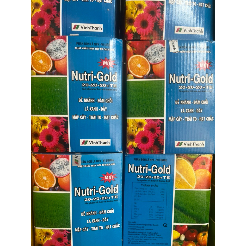 Phân bón lá Nutri-gold 20-20-20+ TE Vĩnh Thạnh- Giúp cây đâm chồi,xanh lá, mập thân,to quả chắc hạt