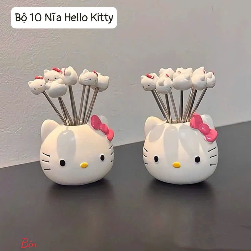 Bộ Nĩa Trái Cây Inox Hình Mèo Nơ Đỏ Dễ Thương Kèm Hộp Đựng – Phụ Kiện Bàn Ăn Cao Cấp