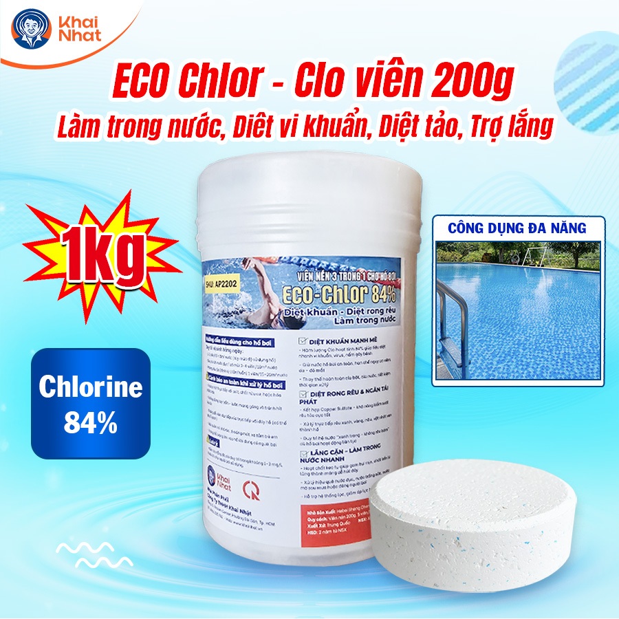 TCCA viên 200g - Eco Chlor- Chlorine 84% Clo bể bơi,diệt rêu tảo,trợ lắng,làm trong nước (5 viên/hũ)