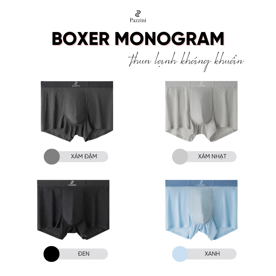 Combo 5 quần lót boxer nam monogram kháng khuẩn Pazzini chất thun lạnh cao cấp, co gian thoải mái thoáng khí tốt - BX016