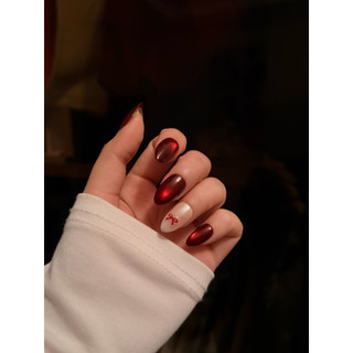 (Tặng hộp,keo) Nail Box Thiết Kế Móng Úp, Mong Giả Thạch Đỏ Rịu Phối Mắt Mèo Mẫu Tết và Noel M33