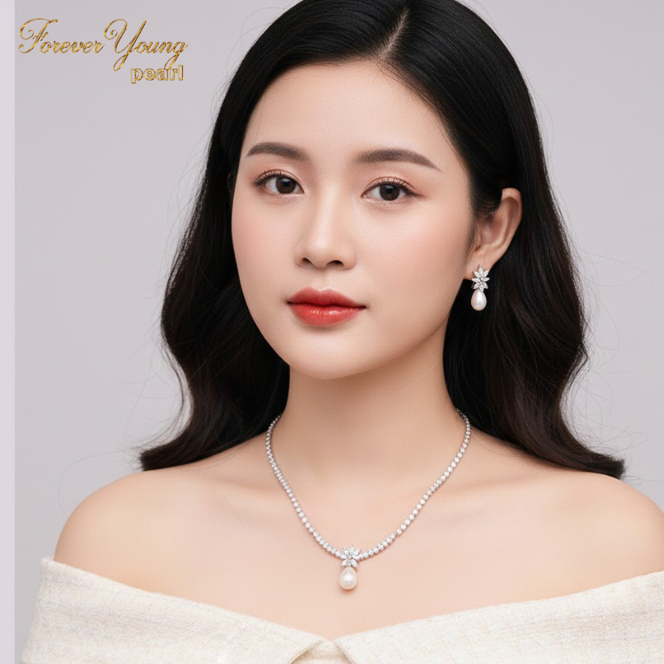 SET50 - Bộ trang Sức Đính Đá Cổ Tia Bản Lớn 7-8 li - Vòng Cổ và Bông Tai Sang Trọng - Forever Young