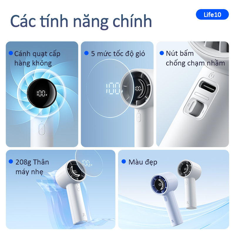 Quạt cầm tay JisuLife 10/10s Mini Dùng 28H Siêu Nhẹ Siêu Nhẹ Gió Mạnh, Cho Học Sinh, Thể Thao, Du Lịch