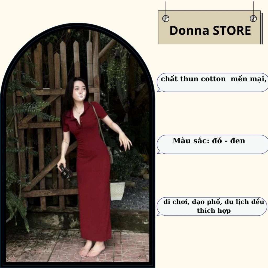 đầm nữ , váy nữ body dáng dài 2 màu đỏ đen basic tôn dáng đi chơi dự tiệc Donna Hcom25124