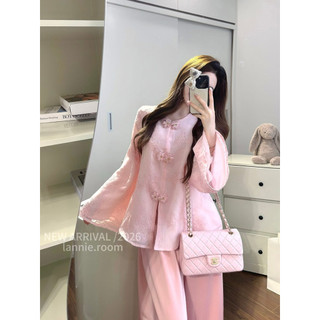 Set Bộ Pháp Phục Màu Hồng Cổ Tròn Mix Quần Lụa Tô Châu Lannie