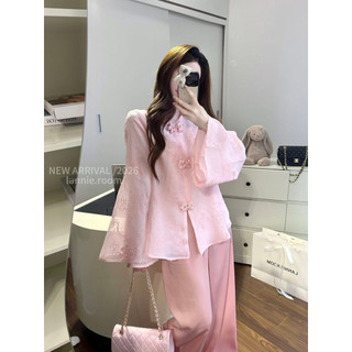 Set Bộ Pháp Phục Màu Hồng Cổ Tròn Mix Quần Lụa Tô Châu Lannie