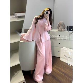 Set Bộ Pháp Phục Màu Hồng Cổ Tròn Mix Quần Lụa Tô Châu Lannie