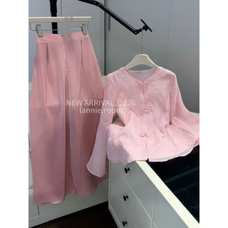 Set Bộ Pháp Phục Màu Hồng Cổ Tròn Mix Quần Lụa Tô Châu Lannie