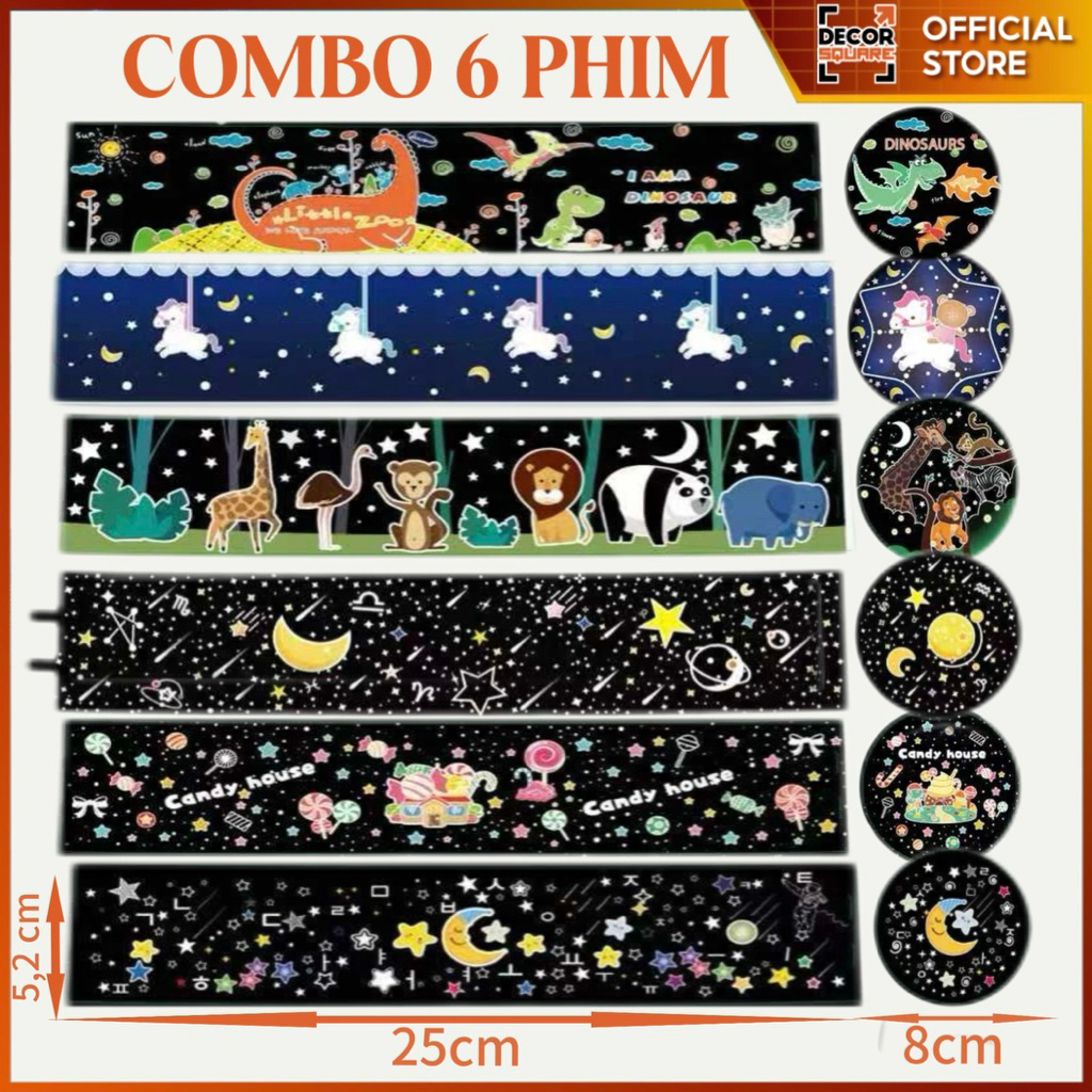 Set 06 tấm phim đèn chiếu sao: Khủng Long, Unicorn, Vườn Thú, Ngân Hà, Nhà Kẹo, Mặt Trăng