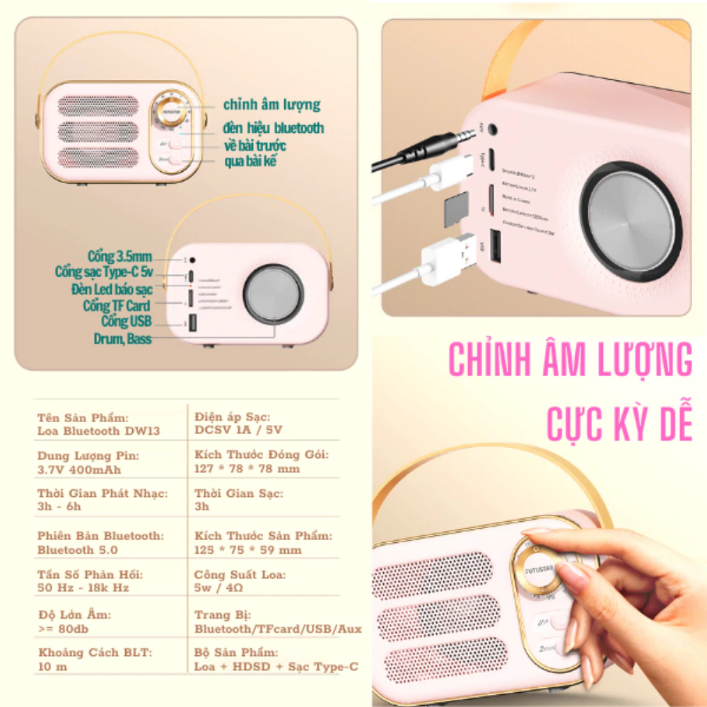 Loa Bluetooth Mini DW13 Vintage Retro, Kết Nối Bluetooth, Âm Thanh 3D, Phù Hợp Trang Trí Và Decor