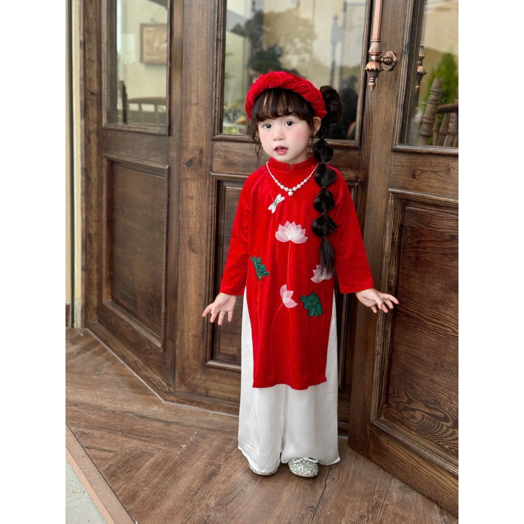 [Sẵn - Hỏa tốc] Set áo dài m cho bé gái (KHÔNG KÈM NÓN) và AD nhung [SẴN]  thêu sen size 1-10y(8-31kg) ADN03