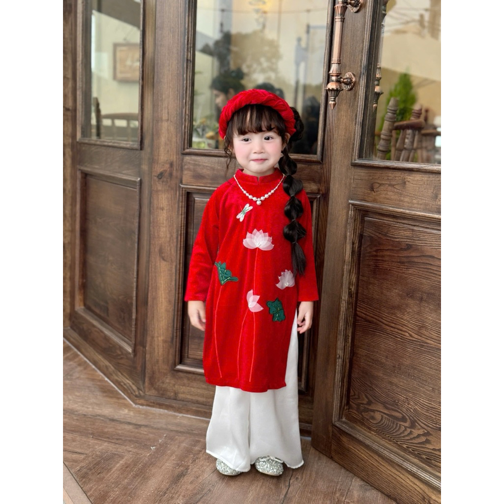 [Sẵn - Hỏa tốc] Set áo dài m cho bé gái (KHÔNG KÈM NÓN) và AD nhung [SẴN]  thêu sen size 1-10y(8-31kg) ADN03