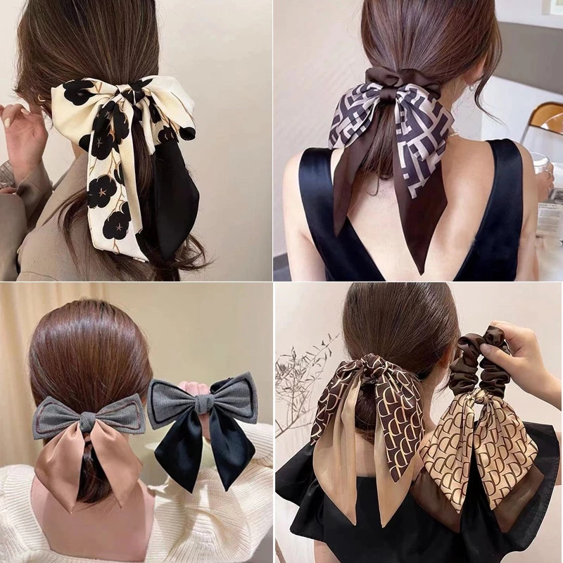 Dây Cột Tóc Scrunchies Vải Lụa Satine Thắt Nơ Dài Mềm Mại Phong Cách Tiểu Thư Phụ Kiện Tóc Empoli