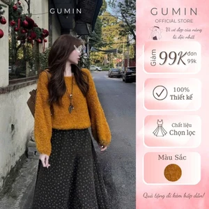 Áo len vàng GUMIN thiết kế áo cổ tròn dáng thụng thanh lịch, áo len nữ thu đông sang trọng cao cấp