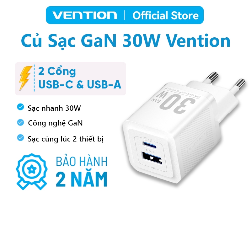 Củ Sạc Nhanh 30W GaN Vention, Tích Hợp 2 Cổng USB và Type C, Hỗ Trợ Sạc Nhanh PD