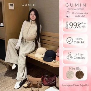 Áo khoác gile lông GUMIN thiết kế áo dáng ngắn kèm khóa kéo phối len viền cao cổ, áo khoác gile nữ sang chảnh cao cấp