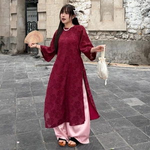 Áo dài voan tơ VŨ HUYÊN dệt nổi hoa mai phối cúc bọc kèm quần satin HAVANA AD173