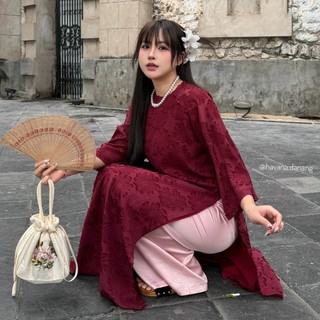 Áo dài voan tơ VŨ HUYÊN dệt nổi hoa mai phối cúc bọc kèm quần satin HAVANA AD173