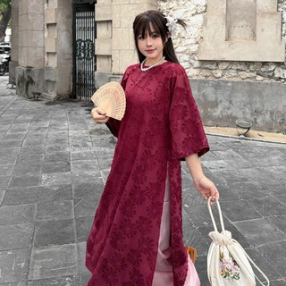 Áo dài voan tơ VŨ HUYÊN dệt nổi hoa mai phối cúc bọc kèm quần satin HAVANA AD173
