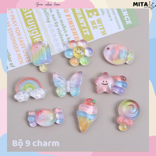 Bộ 9 Sticker, Charm 3D chủ đề Kem cá cầu vồng nhựa cứng gắn Dép Sục, Cá sấu JB-437 Mita